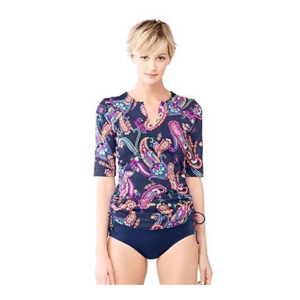 Lands’ End Short-Sleeve Rash Guard Swim Tunic - Navy Paisley